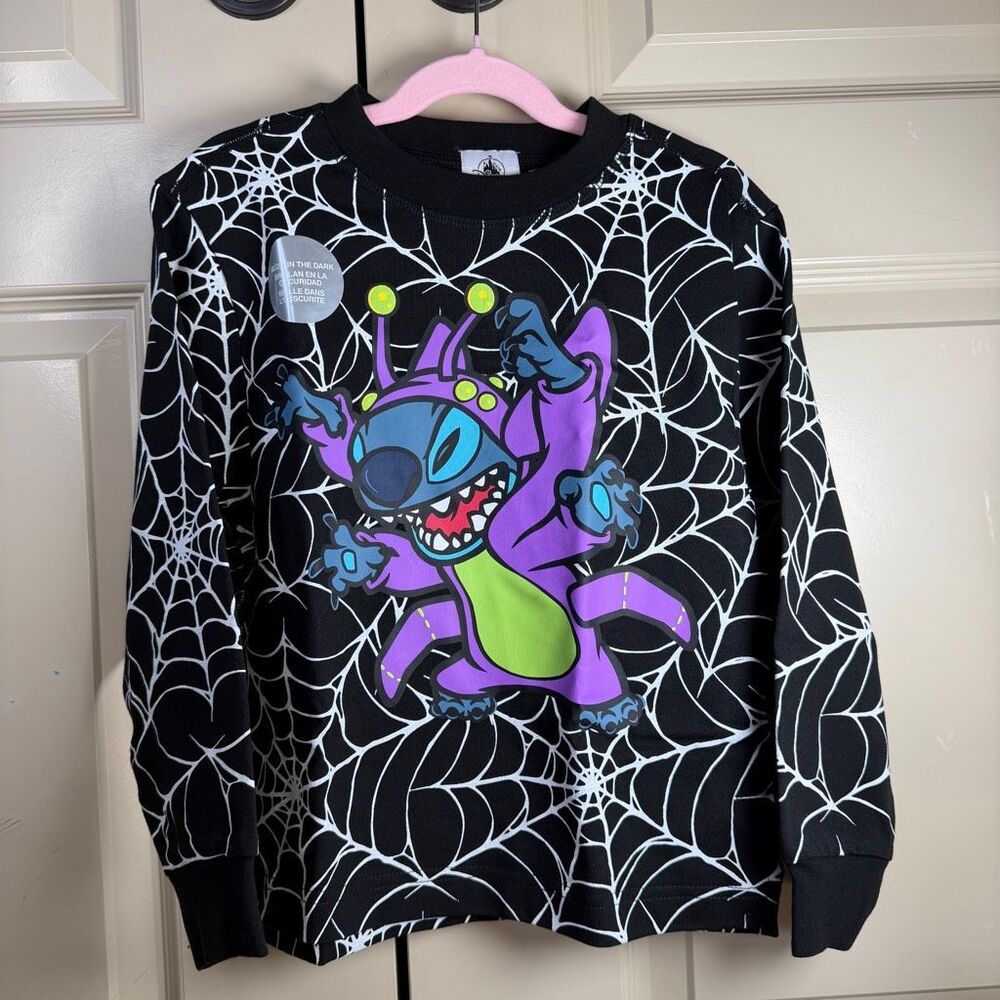 STITCH HALLOWEEN Glow SPIRIT JERSEY WALT DISNEY WORLD SPIDERWEB Kids 5/6 NWT